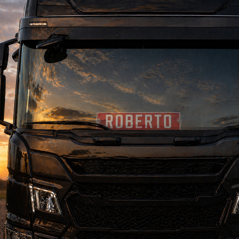 Carica immagine in Galleria Viewer, Targa camion personalizzata pressata rossa con caratteri bianchi e ventose
