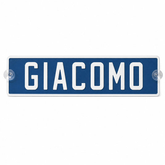 Targa camion personalizzata pressata blu con caratteri bianchi e ventose