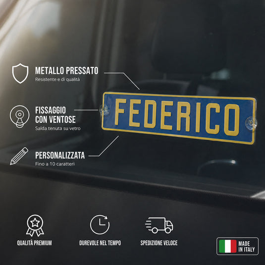 Targa camion personalizzata pressata blu con caratteri gialli e ventose