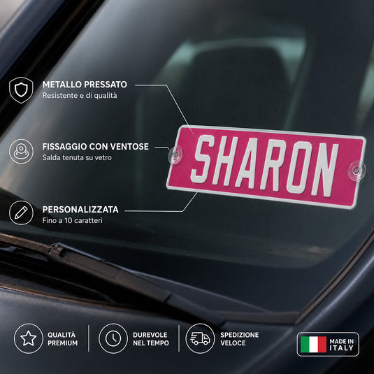 Targa camion personalizzata pressata rosa con caratteri bianchi e ventose