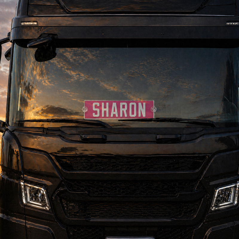 Carica immagine in Galleria Viewer, Targa camion personalizzata pressata rosa con caratteri bianchi e ventose
