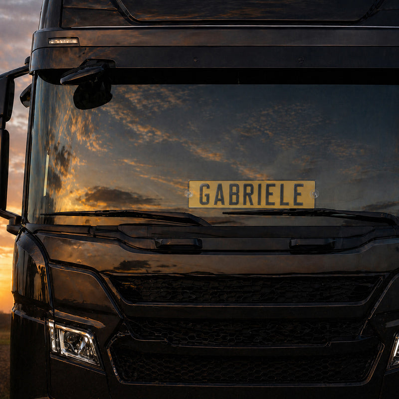 Carica immagine in Galleria Viewer, Targa camion personalizzata pressata gialla con caratteri neri e ventose
