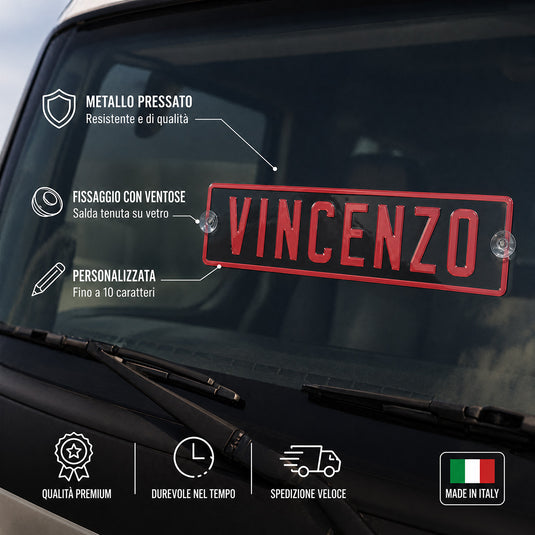 Targa camion personalizzata pressata nera con caratteri rossi e ventose