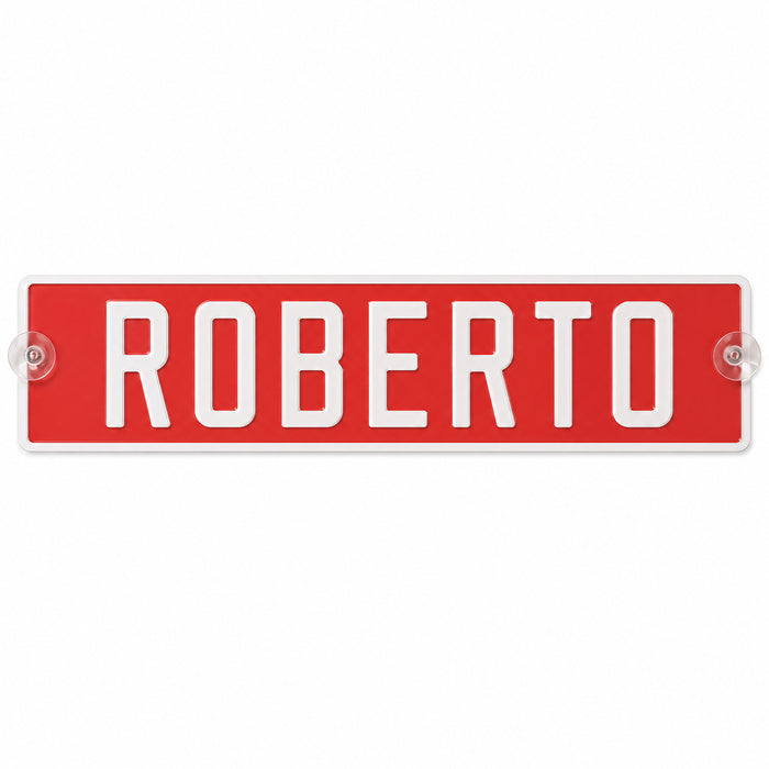 Targa camion personalizzata pressata rossa con caratteri bianchi e ventose