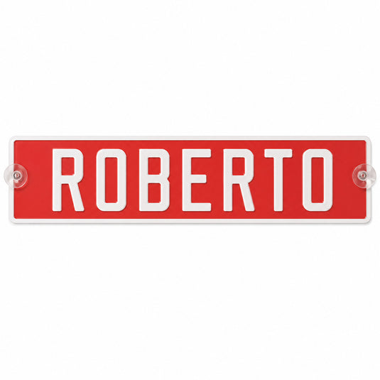 Targa camion personalizzata pressata rossa con caratteri bianchi e ventose