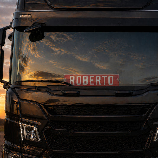 Targa camion personalizzata pressata rossa con caratteri bianchi e ventose