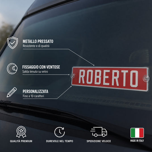 Targa camion personalizzata pressata rossa con caratteri bianchi e ventose